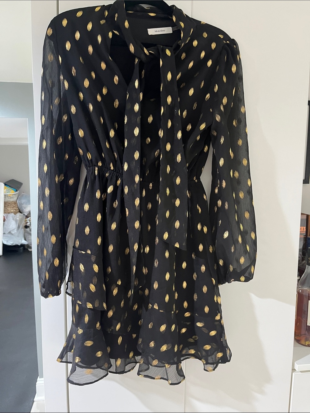 Black Chiffon Tie-Neck Dress with Gold Dot Print